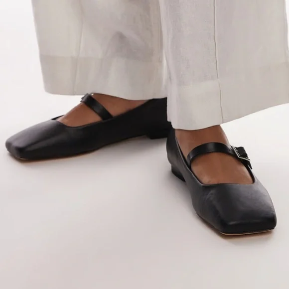 TOPSHOP Arya Ballerina Flats Square Toe Black Size NWOT
